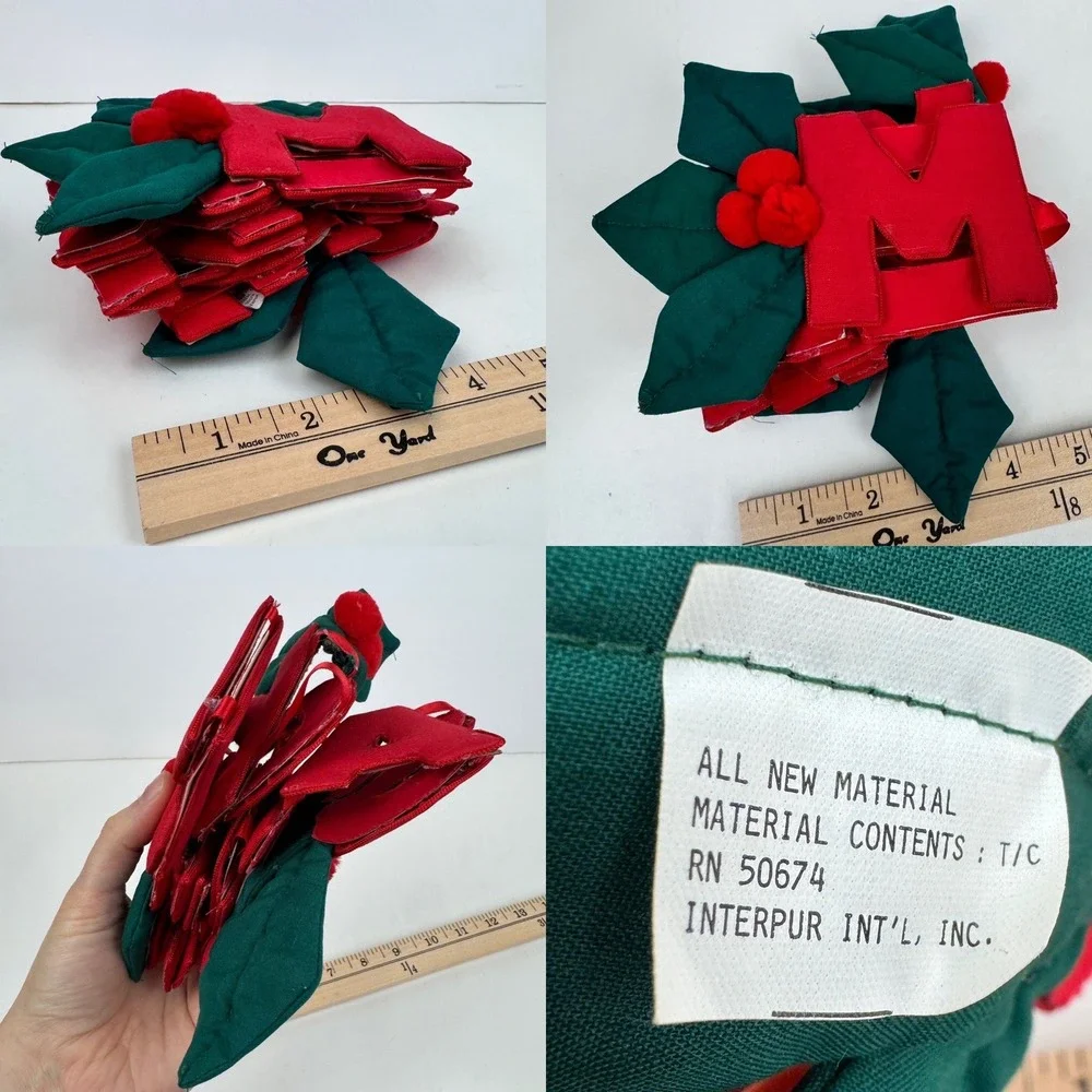 Vtg 3D Fabric Merry Christmas Holiday Lettering Holly Attached 45in length READ
